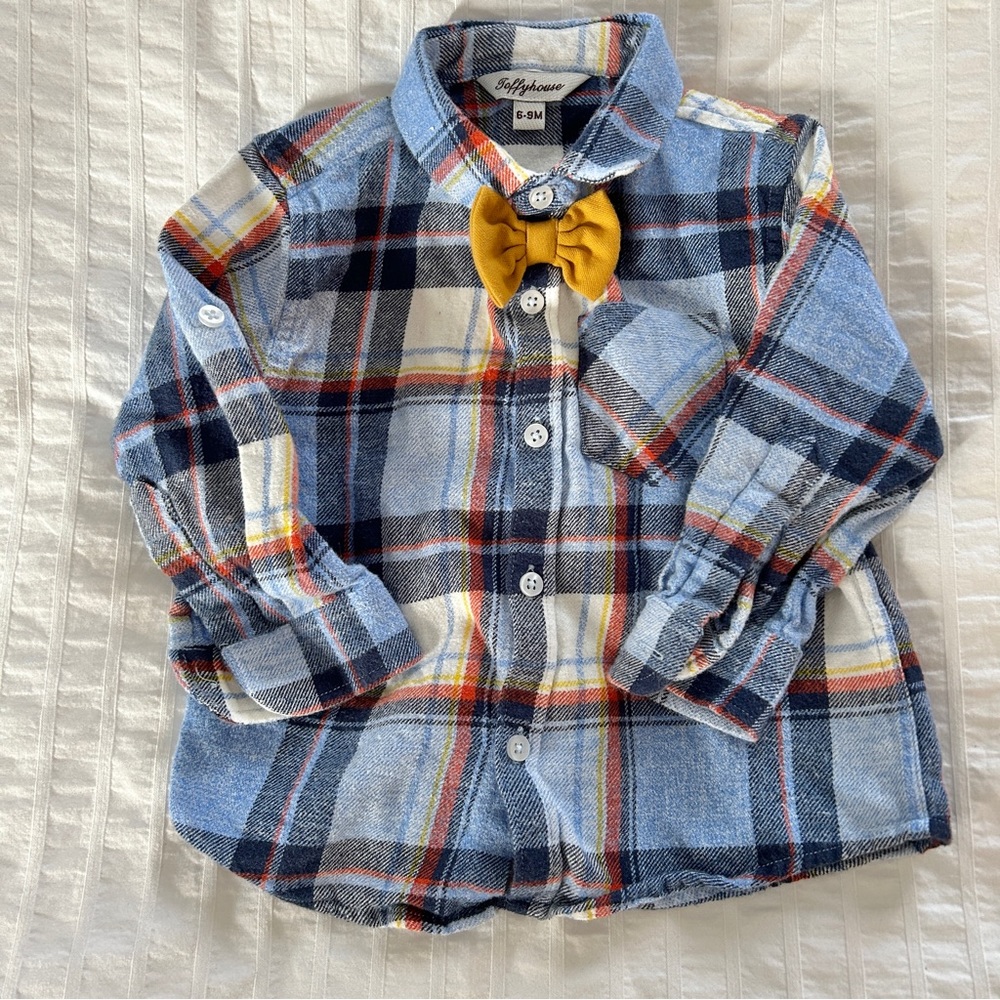 3 for $20 TOFFYHOUSE Plaid Flannel Button Down with Attached Bow Tie Sz 6-9m